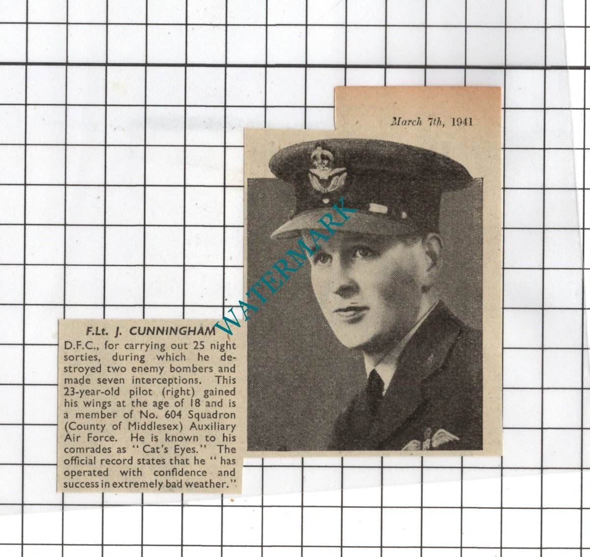F Lt J Cunningham No 604 Squadron Auxiliary Air WW2  - 1941 Small News Clipping