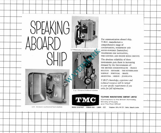 TMC Telephone Manufacturing Co Ship Communication ADVERT - 1960 Clipping