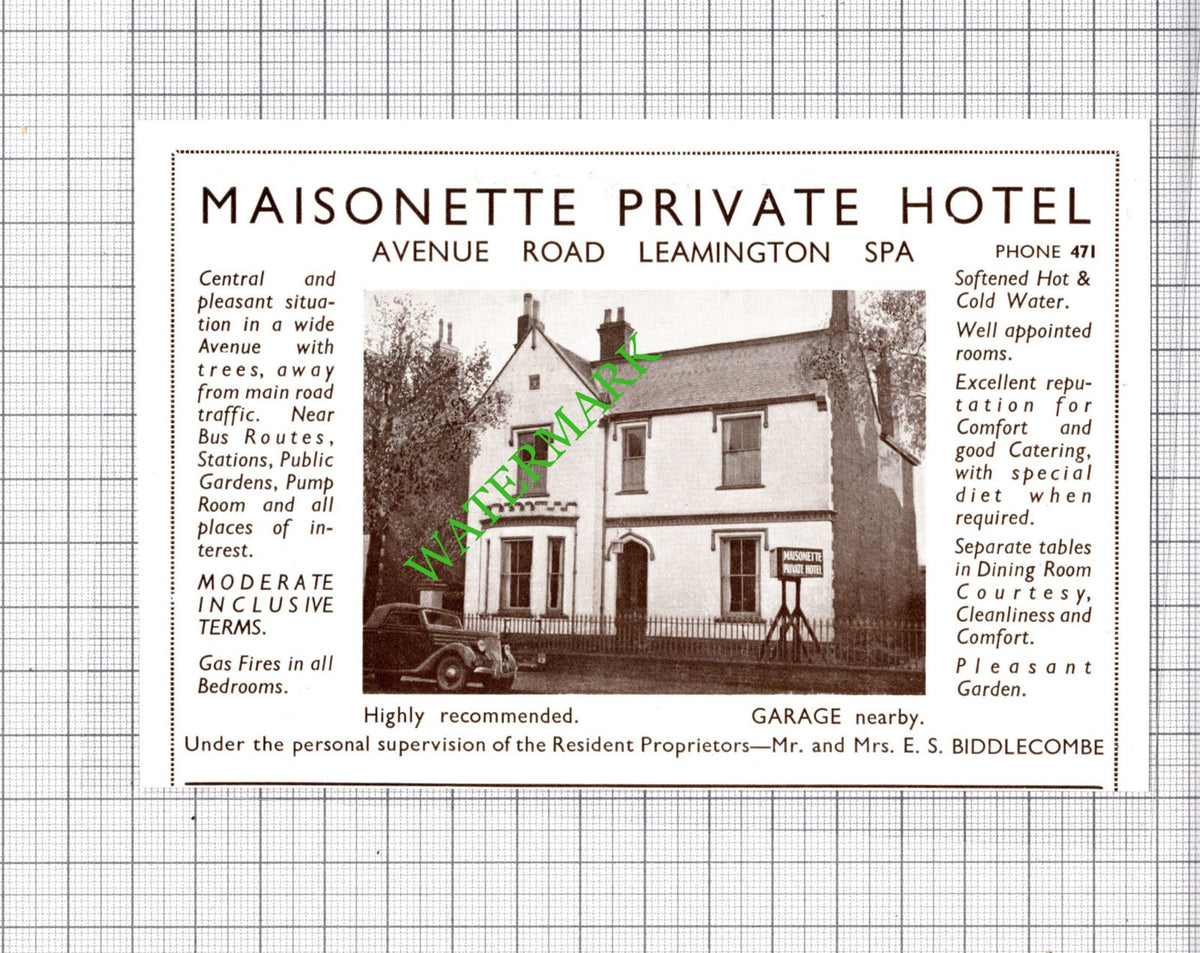 Maisonette Hotel Avenue Road Leamington Spa Biddlecombe Advert - 1930's Cutting