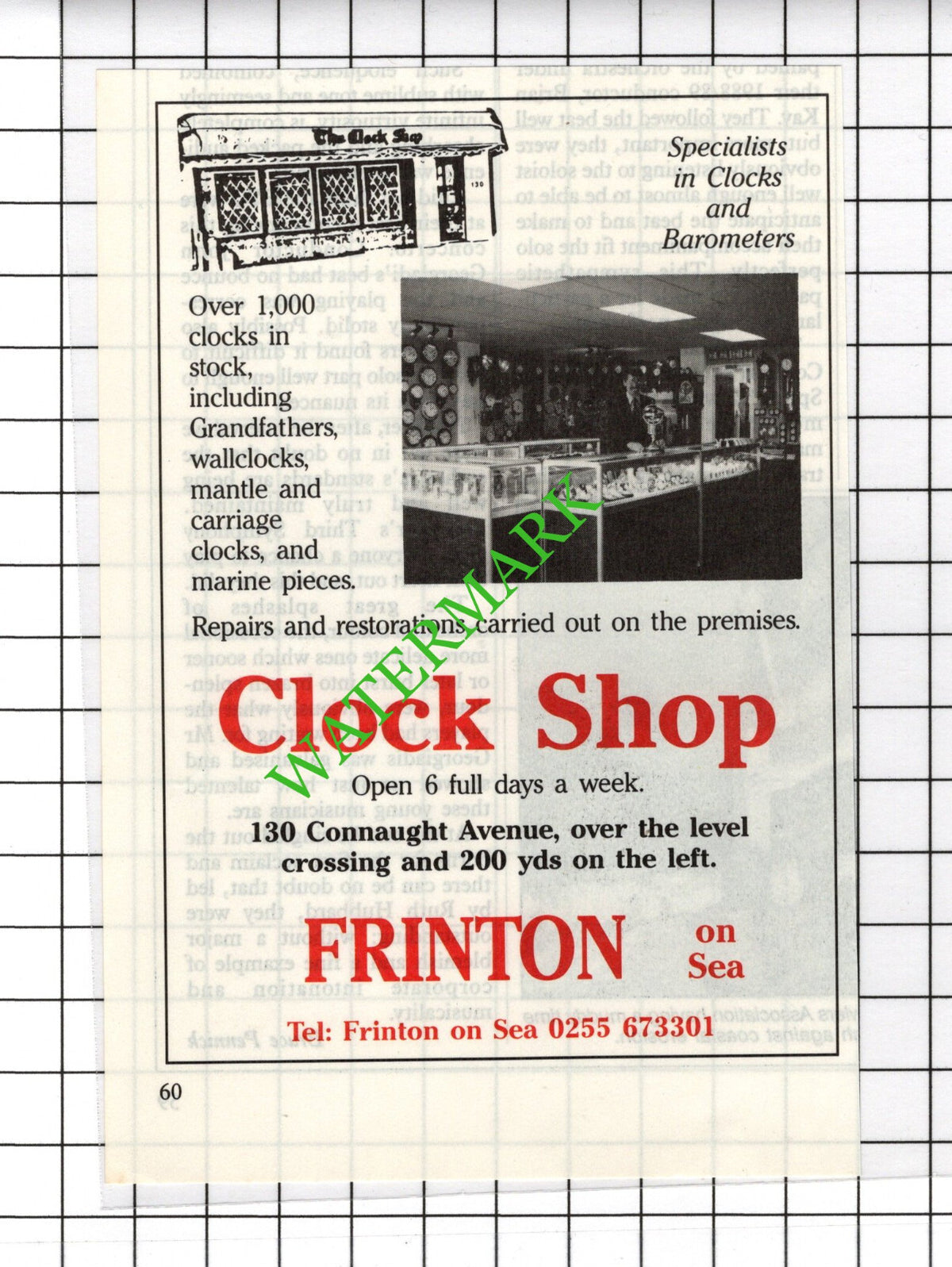 Clock Shop Frinton On Sea Essex Small Advert - c.1988 Cutting
