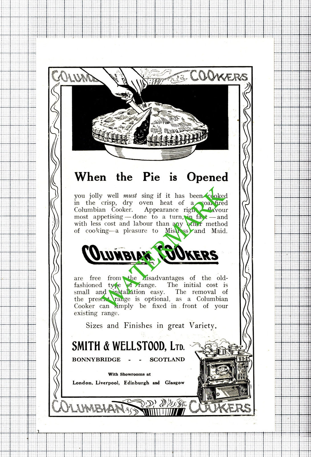 Smith & Wellstood Ltd Bonnybridge Scotland Columbian Cooker Advert  1927 Cutting