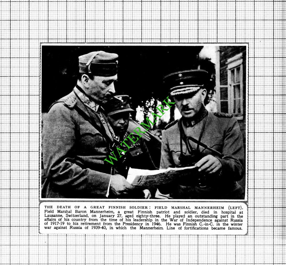 Field Marshal Baron Mannerheim  - 1951 Cutting