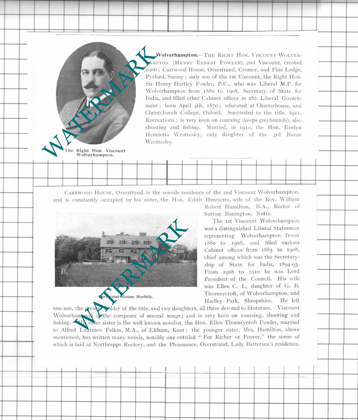 Henry Ernest Fowler Viscount Wolverhampton Carrwood House Cromer  -1911 Cuttings