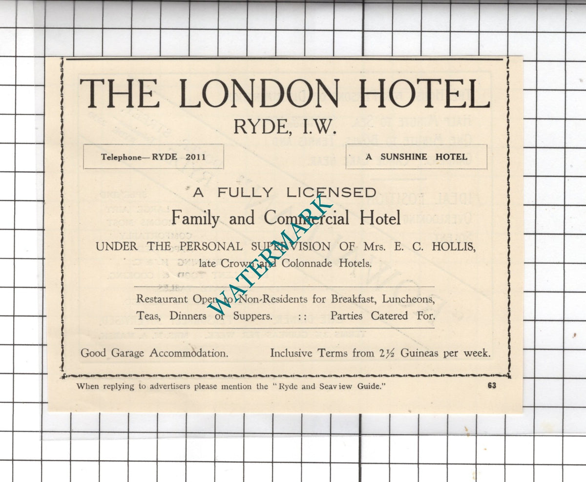 The London Hotel Ryde Isle Of Wight Hollis /  Rowallan Ryde Marsh - 1938 Advert