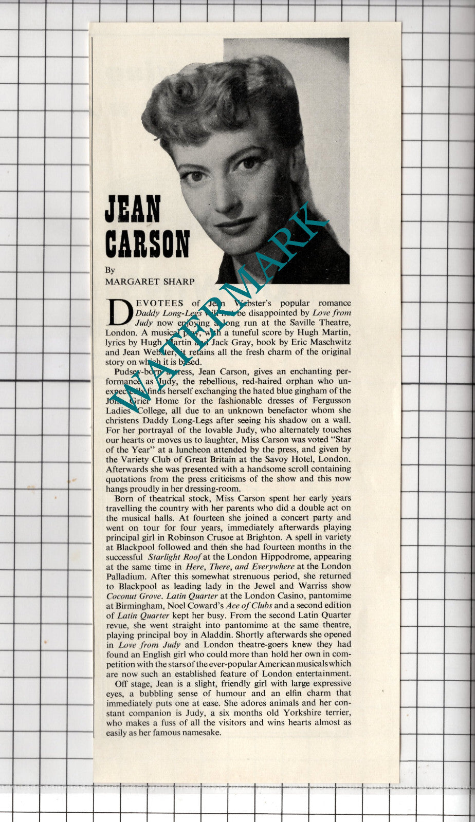 Jean Carson Actress Pudsey Yorkshire - 1953  Clipping