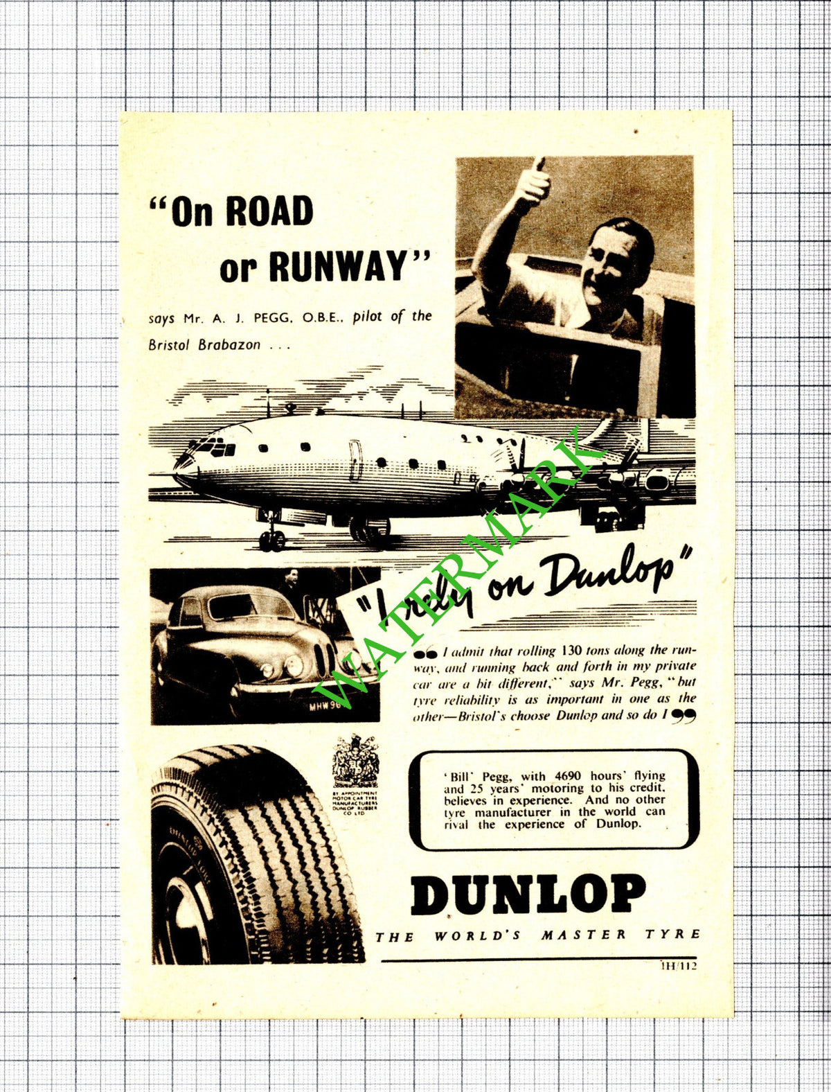 Mr A J Pegg Bill  Pilot Bristol Brabazon Dunlop Small Advert - 1951 Cutting