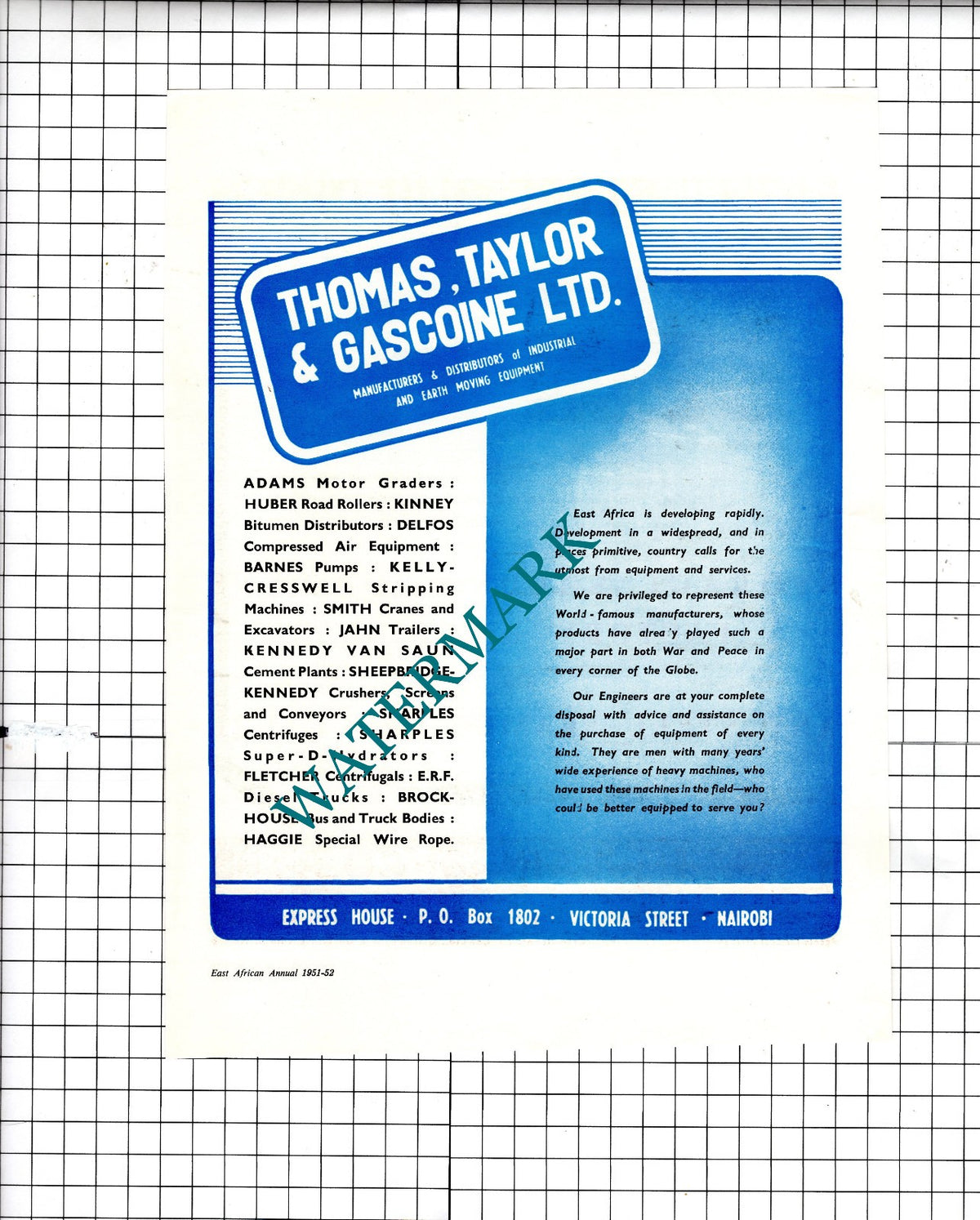 Thomas Taylor & Gascoine Nairobi / William Bain & Co Ltd Coatbridge  1951 Advert