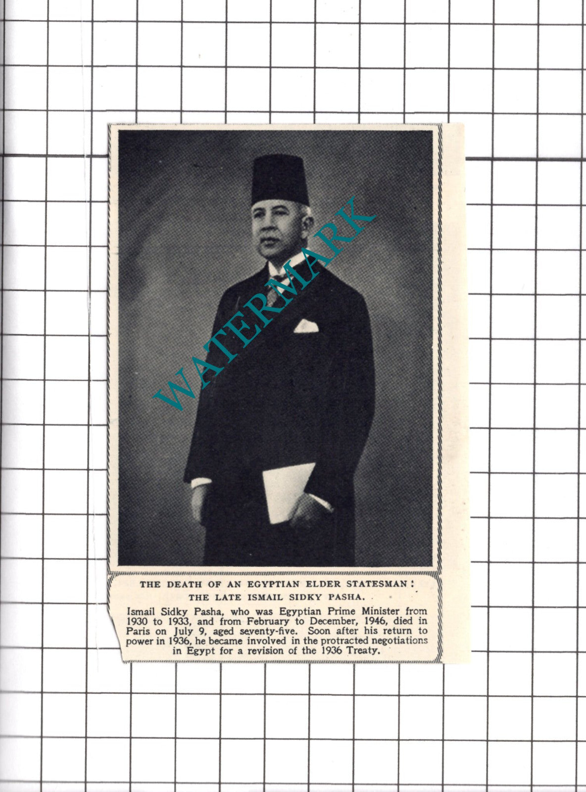 Ismail Sidky Pasha Egyptian Prime Minister Obituary - 1950 Small Clipping