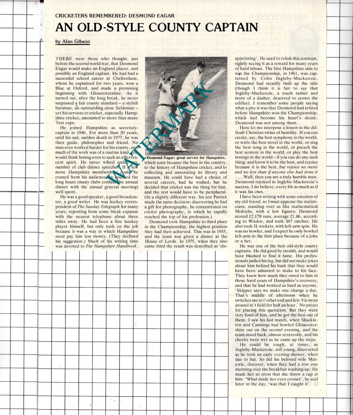 Desmond Eagar Cricketer Cricket - 1982 Clipping