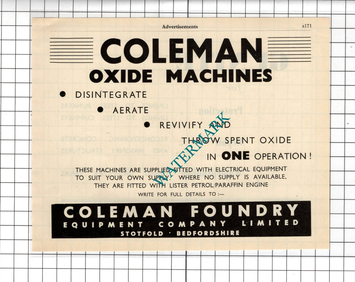 Coleman Foundry Equipment Company Ltd Stotfold Bedfordshire  - 1951 Advert