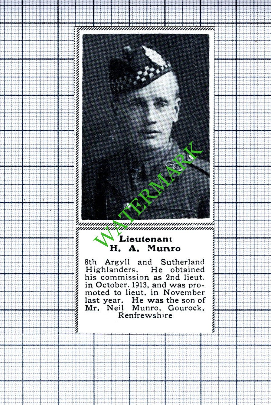 Lt H A Munro 8th Argyll and Sutherland Highlanders Gourock  c.1918 SMALL Cutting