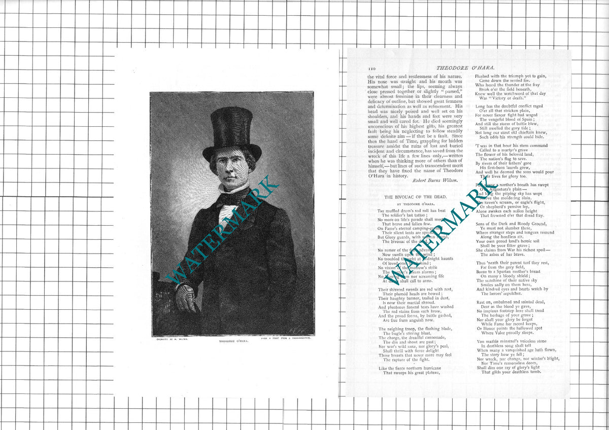 Theodore O'Hara Soldier Poet Kentucky USA  - 1890 Article