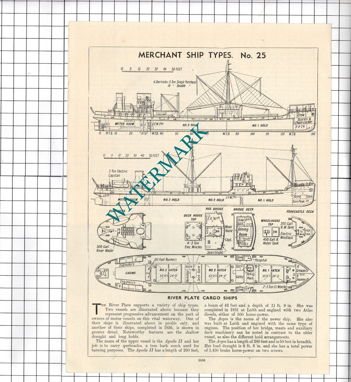 AGILA II  / ARGOS    River Plate Cargo Ship Diagram   - c.1940's Cutting / Print