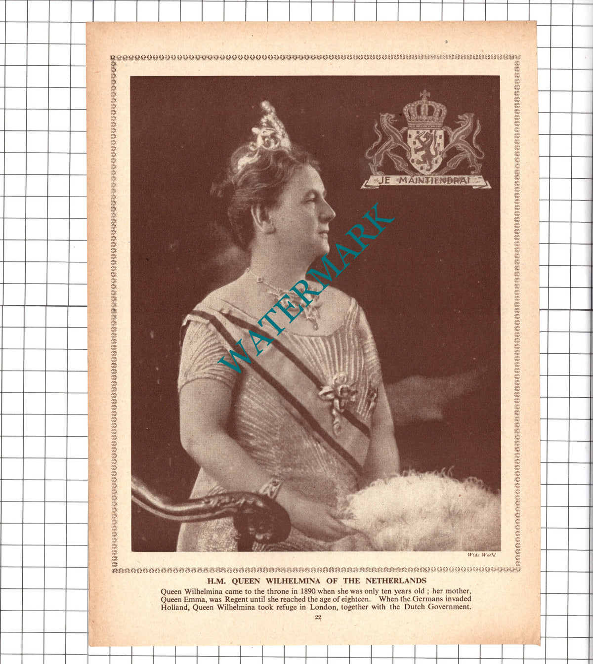 H M Queen Wilhelmina Of The Netherlands - 1940 Clipping / Print