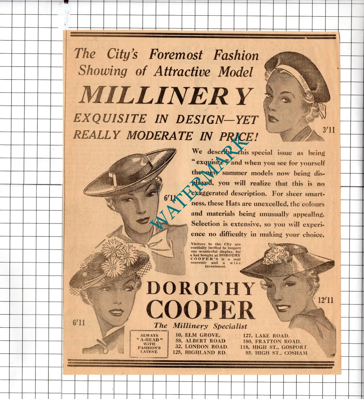 Dorothy Cooper Millinery Portsmouth ?    - 1953 Advert