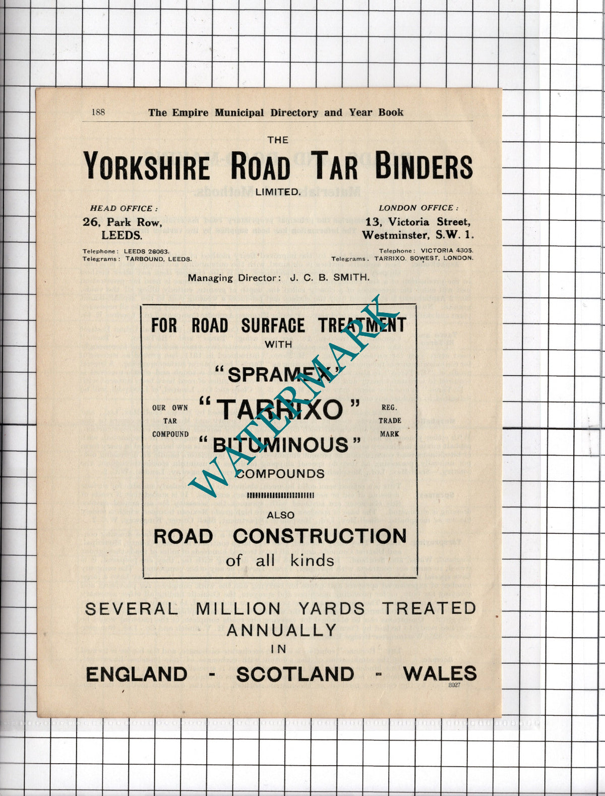 The Yorkshire Road Tar Binders Ltd Leeds  JCB Smith  - 1927 Advert