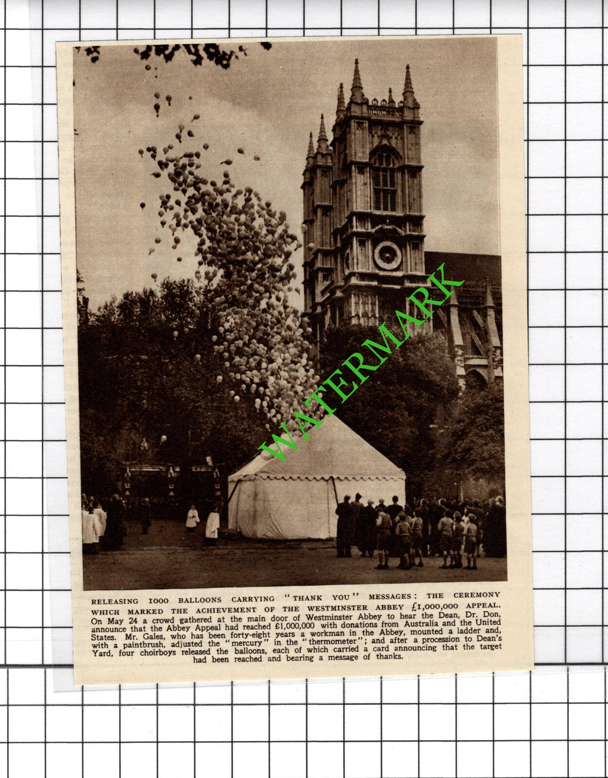Westminster Abbey Appeal Balloon Release  -  1954 Cutting
