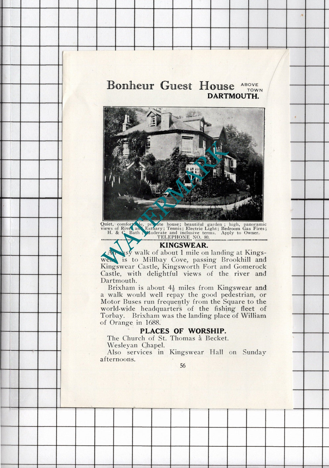 Dittisham / Bonheur Guest House Dartmouth Devon  Advert - c.1940s Cutting