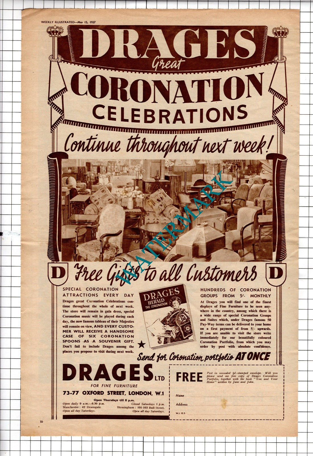Drages Ltd Furniture Oxford Street London Coronation - 1937 Large Advert