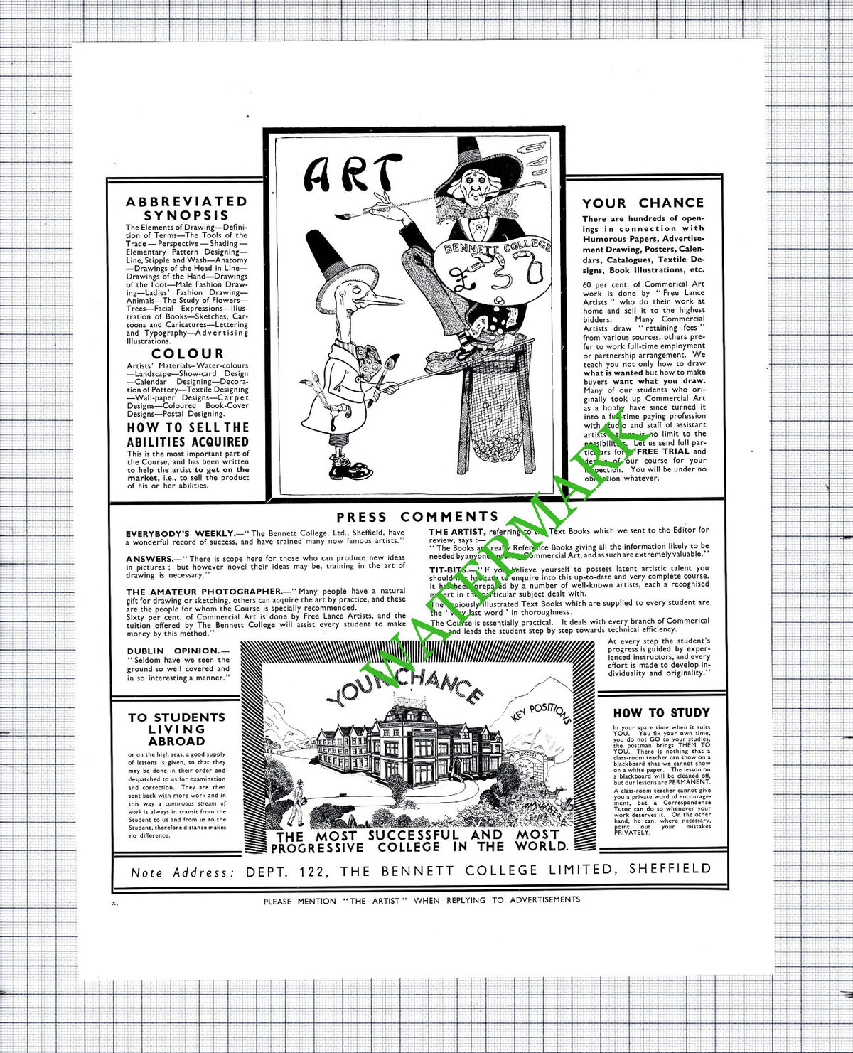 Bennett College Sheffield Yorkshire Advert - 1936 Cutting