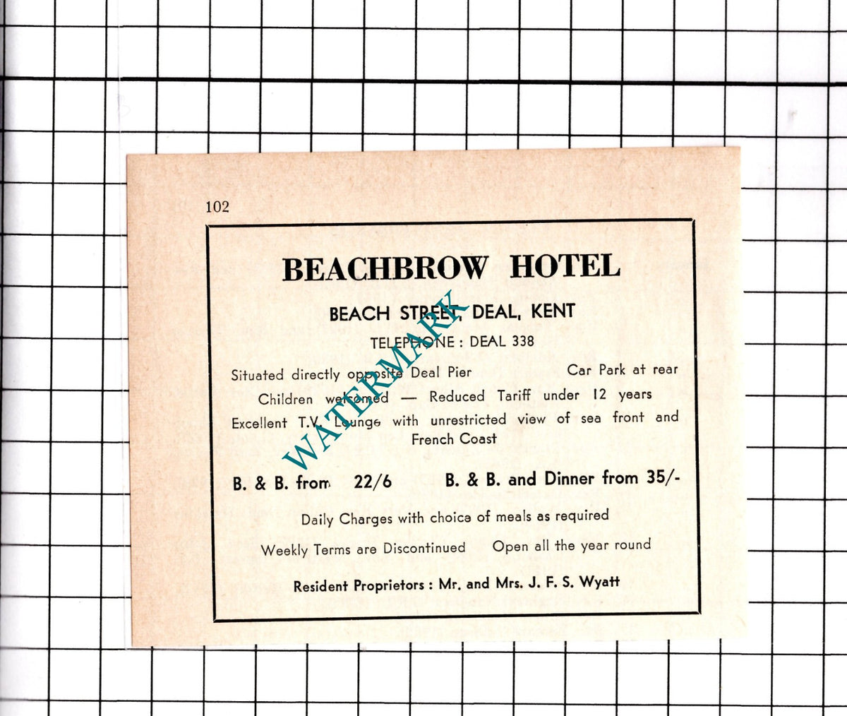 Beachbrow Hotel Deal Kent Mr & Mrs JFS Wyatt  - 1967 Small Advert
