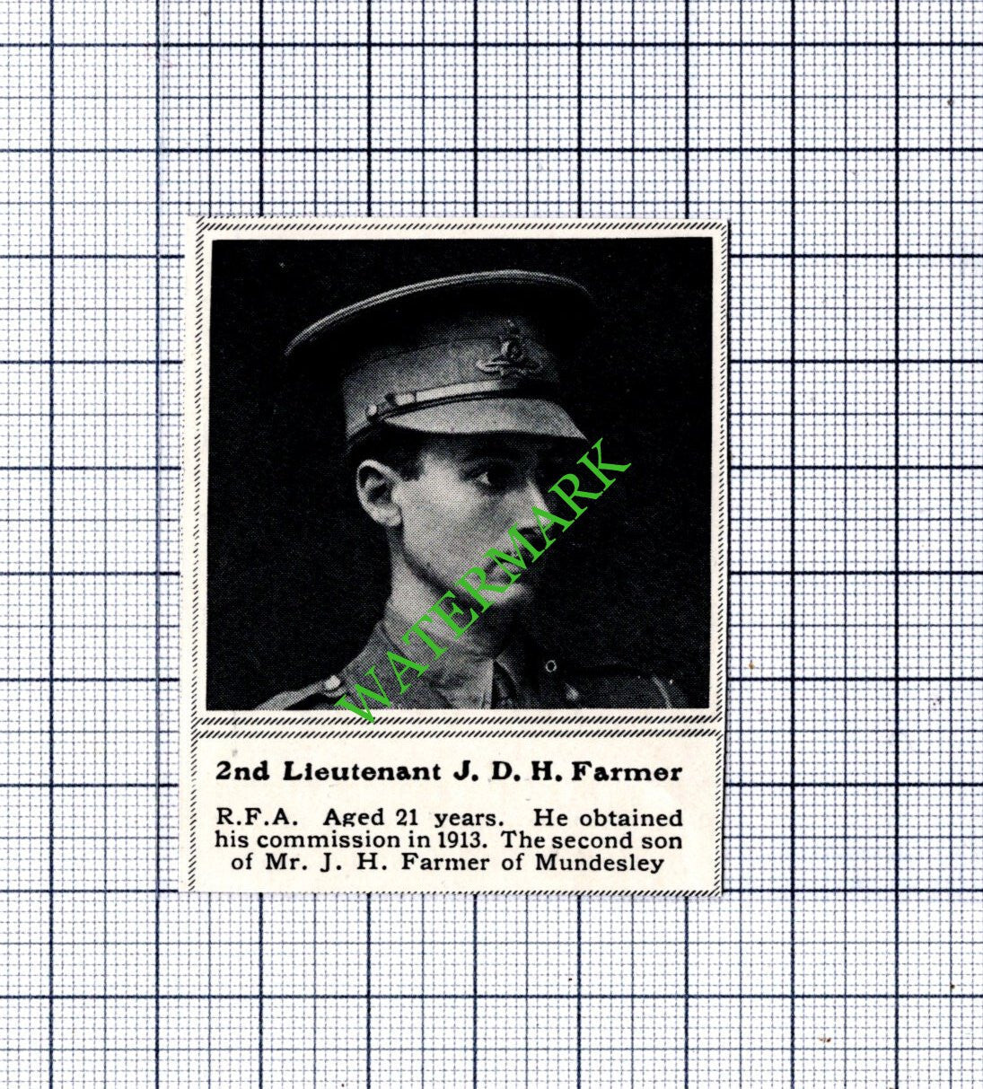 2nd Lt J D H Farmer Mundesley  RFA  Great War WW1 - 1915 SMALL Cutting