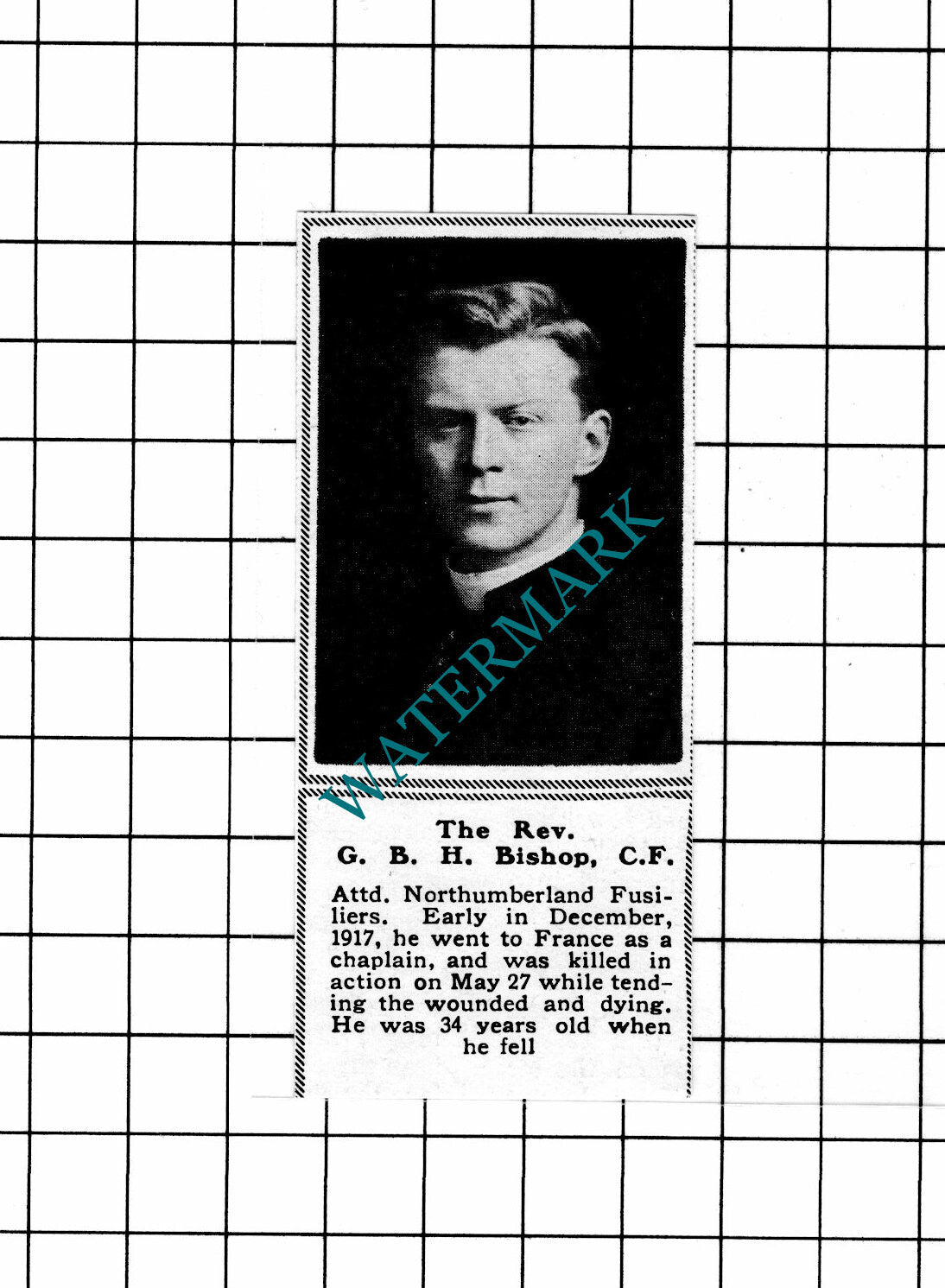 The Rev GBH Bishop Northumberland Fusiliers  WW1 - c.1918 SMALL Clipping