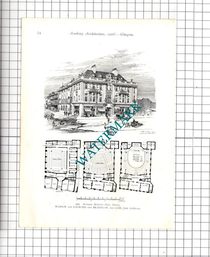 PAISLEY Wesleyan Methodist Hall  / Bridgeton Church Glasgow -1906 Print /Cutting