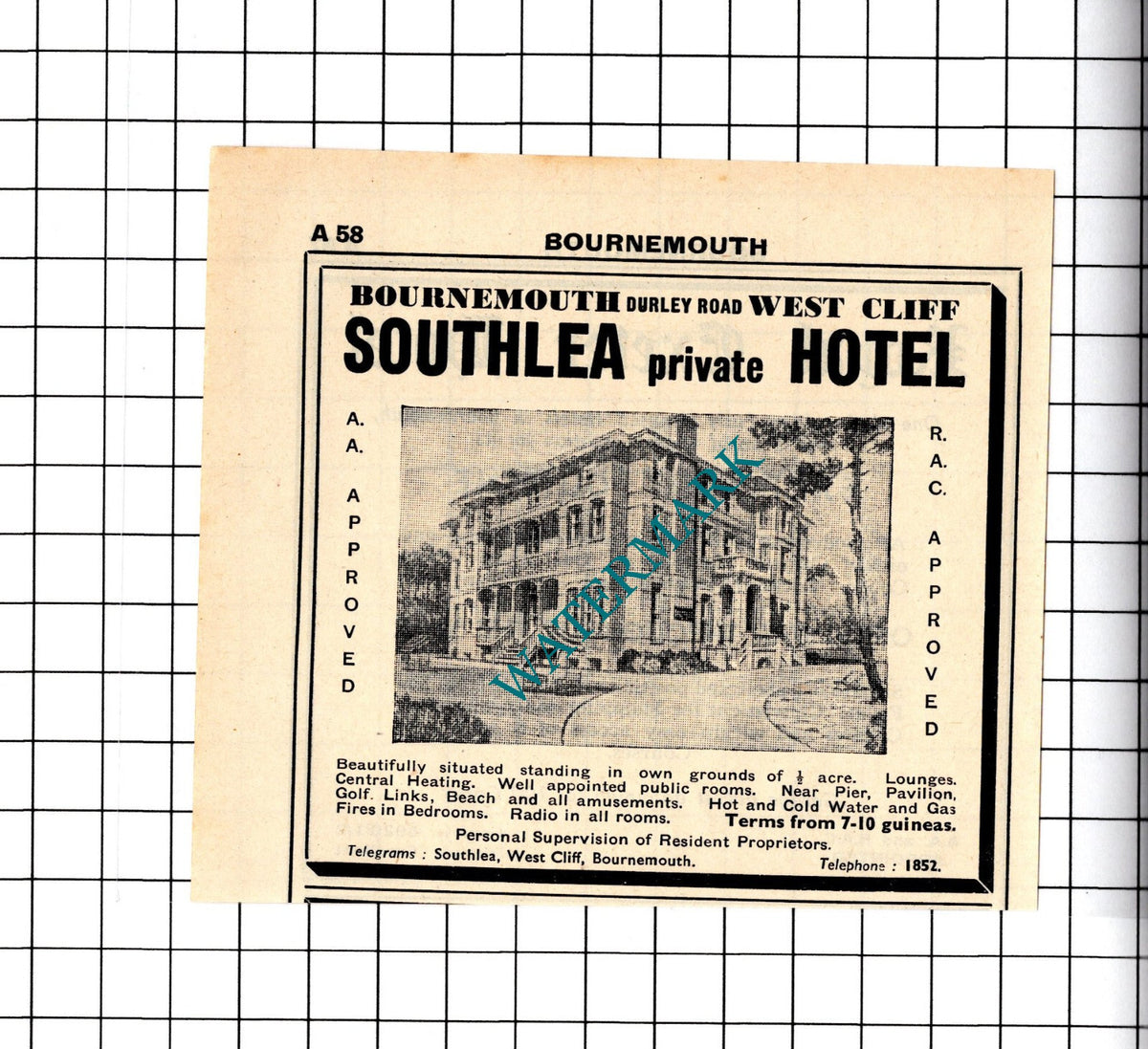 Southlea Hotel Bournemouth Small Advert - 1958 Cutting / Print