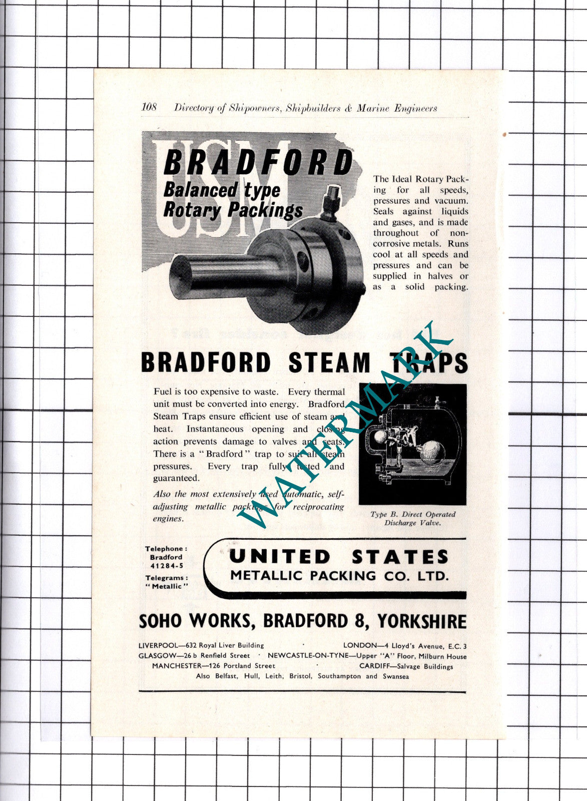 United States Metallic Packing Bradford / Marinite Ltd London  ADVERT - c.1957