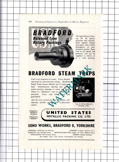 United States Metallic Packing Bradford / Marinite Ltd London  ADVERT - c.1957
