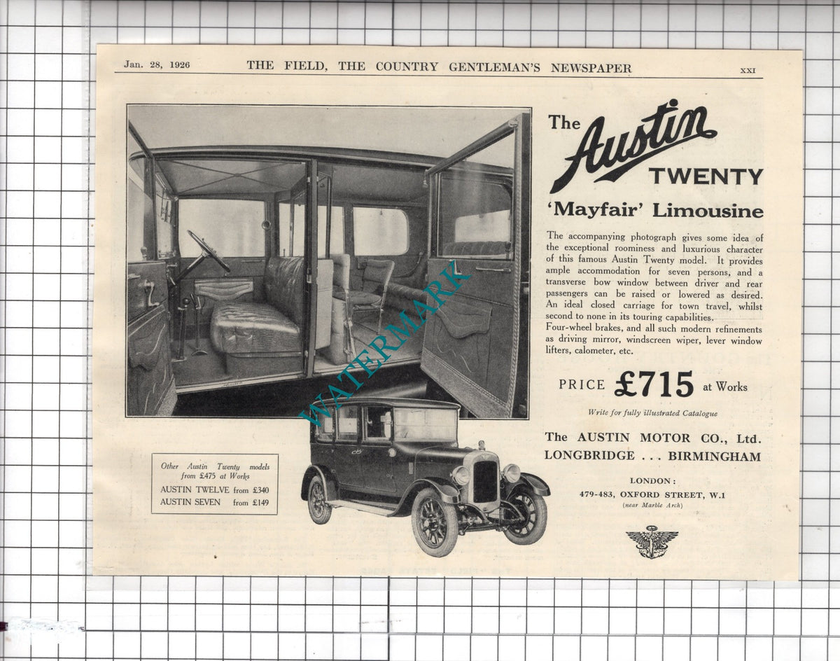 Austin Twenty Mayfair Limousine Advert Austin Motor Co Ltd - 1926
