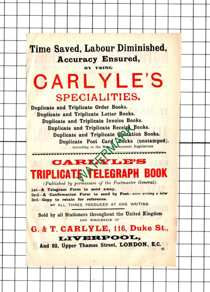 G & T Carlyle Liverpool / Rother Vale Collieries Treeton Rotherham - 1902 Advert