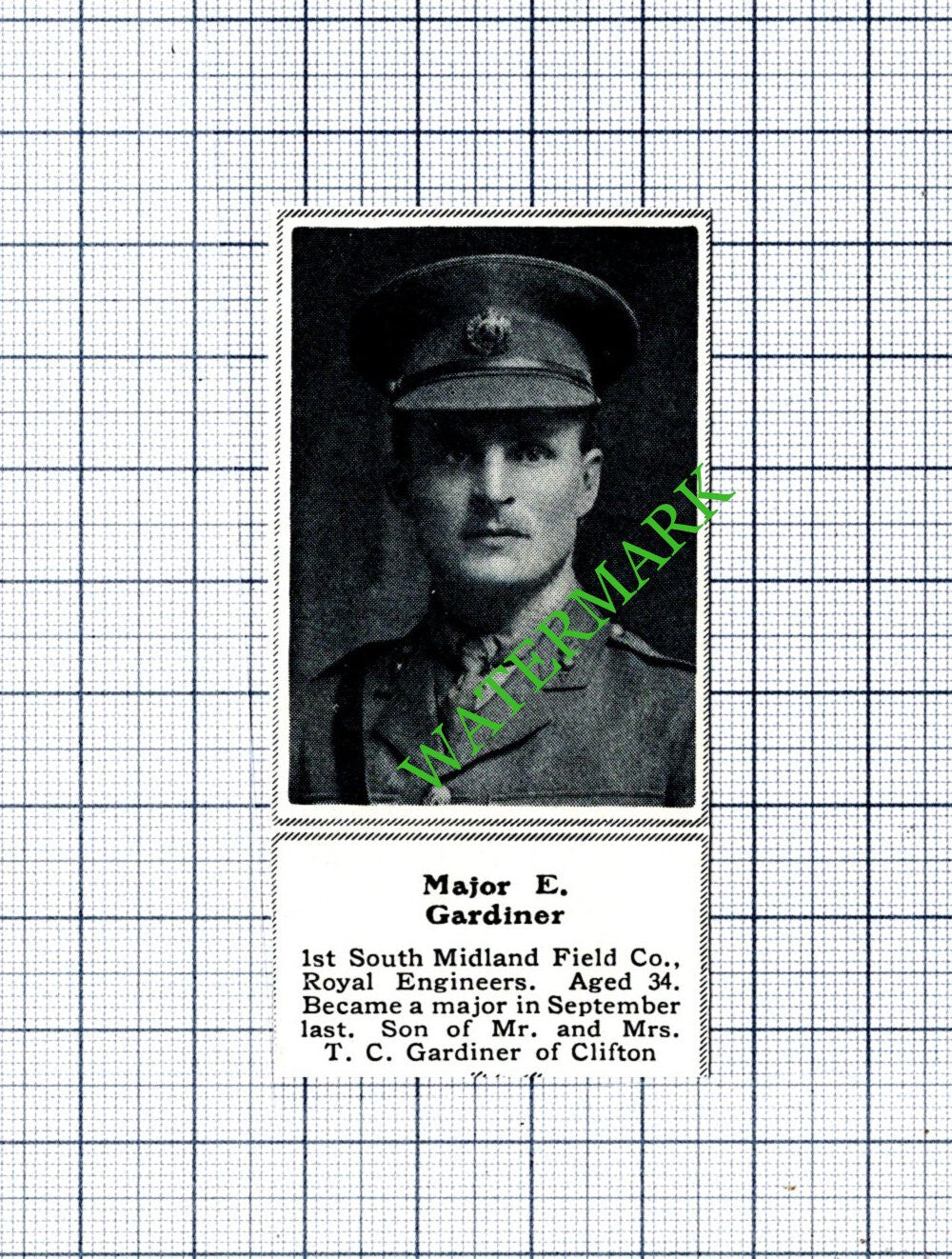 Major E Gardiner 1st South Midland Field Royal Engineers WW1- 1915 SMALL Cutting