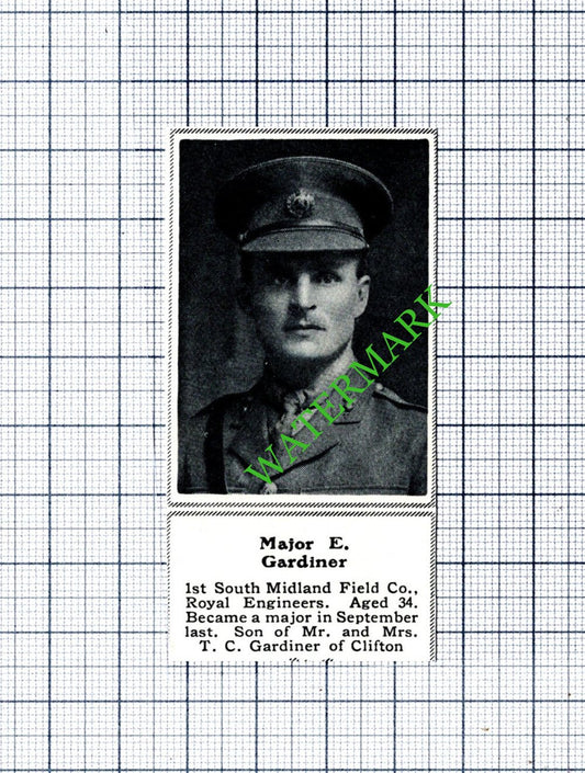 Major E Gardiner 1st South Midland Field Royal Engineers WW1- 1915 SMALL Cutting