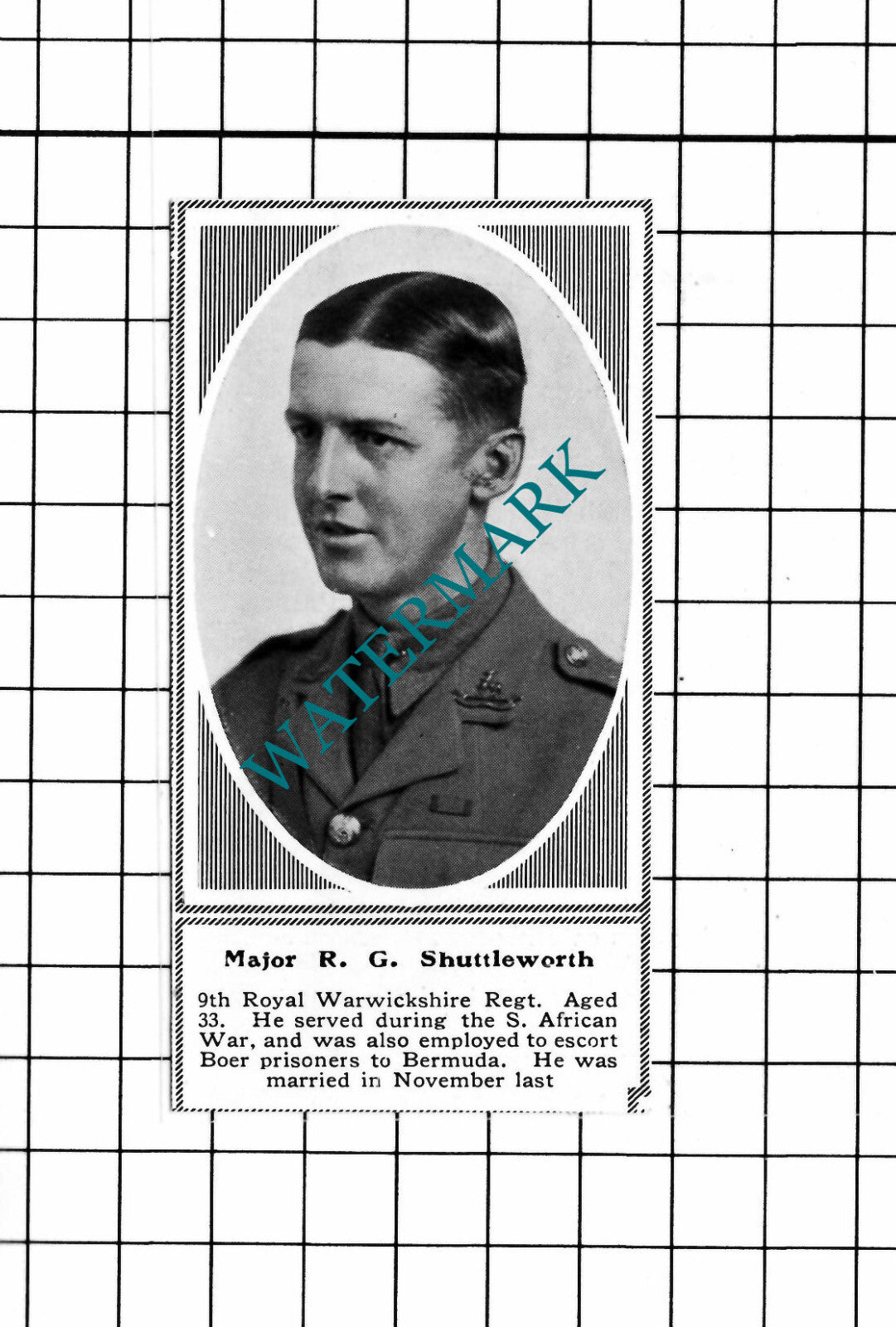 Major RG Shuttleworth 9th Royal Warwickshire - c.1918 SMALL Clipping/  Print