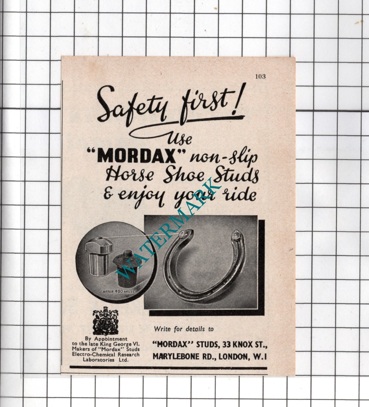 Mordax Studs 33 Knox Street London W1 - 1954 SMALL Advert