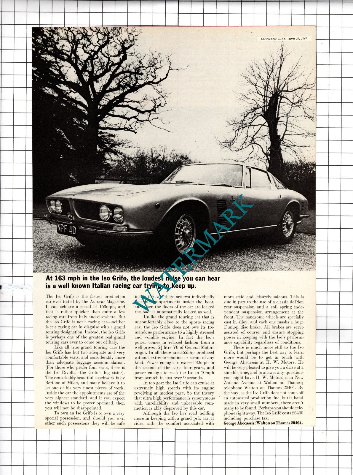 Iso Grifo Car Advert George Abecassis HW Motors Walton-on-Thames - 1967 Advert