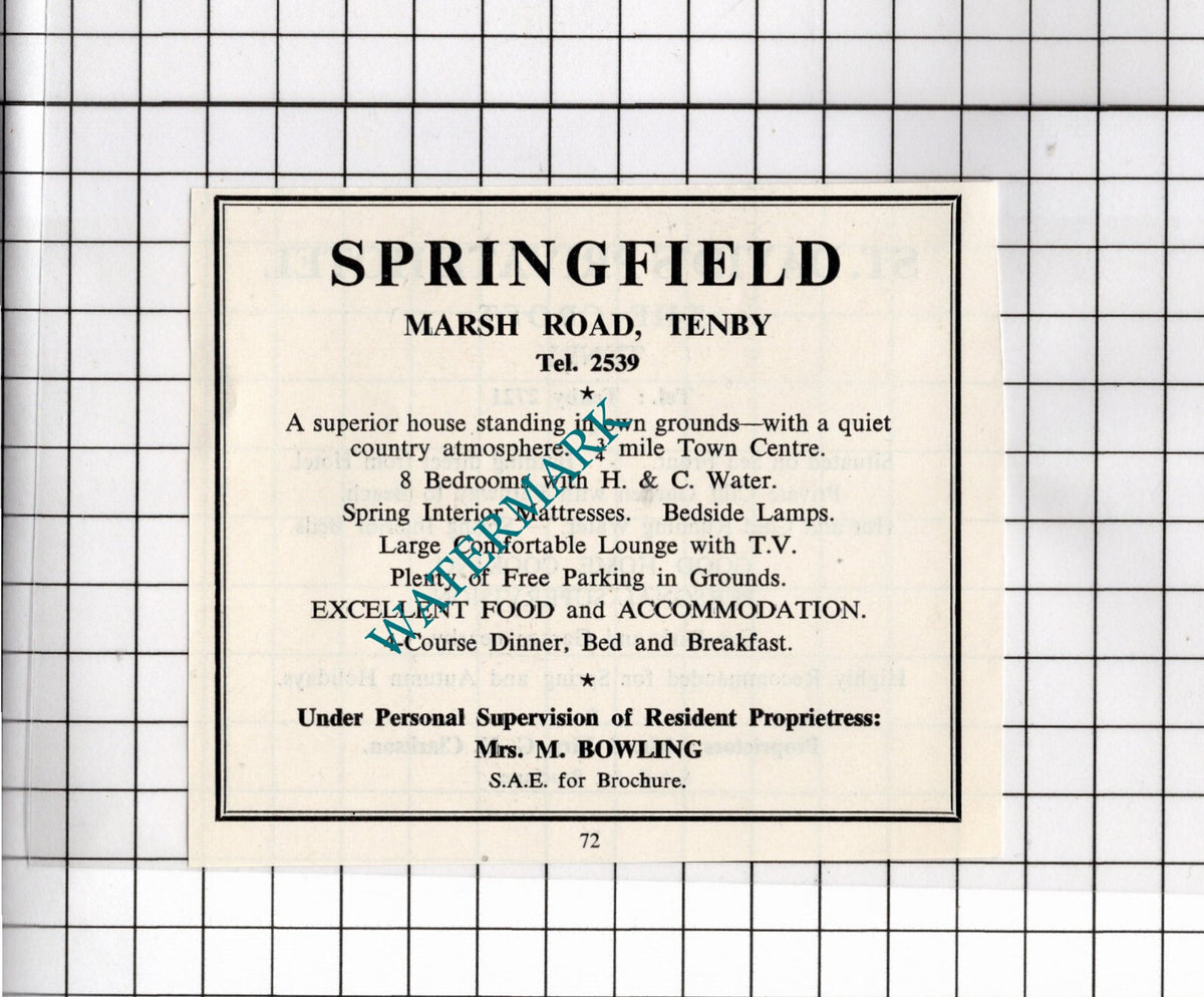 Springfield Guest House Tenby Bowling / St David's Hotel Tenby - 1962 Advert