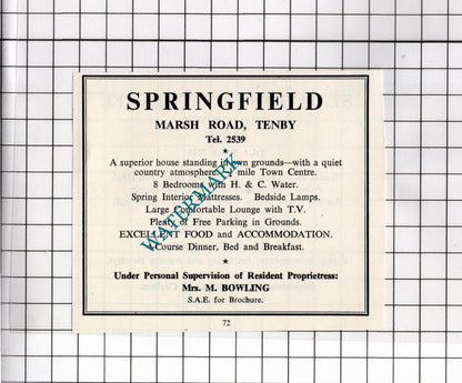 Springfield Guest House Tenby Bowling / St David's Hotel Tenby - 1962 Advert