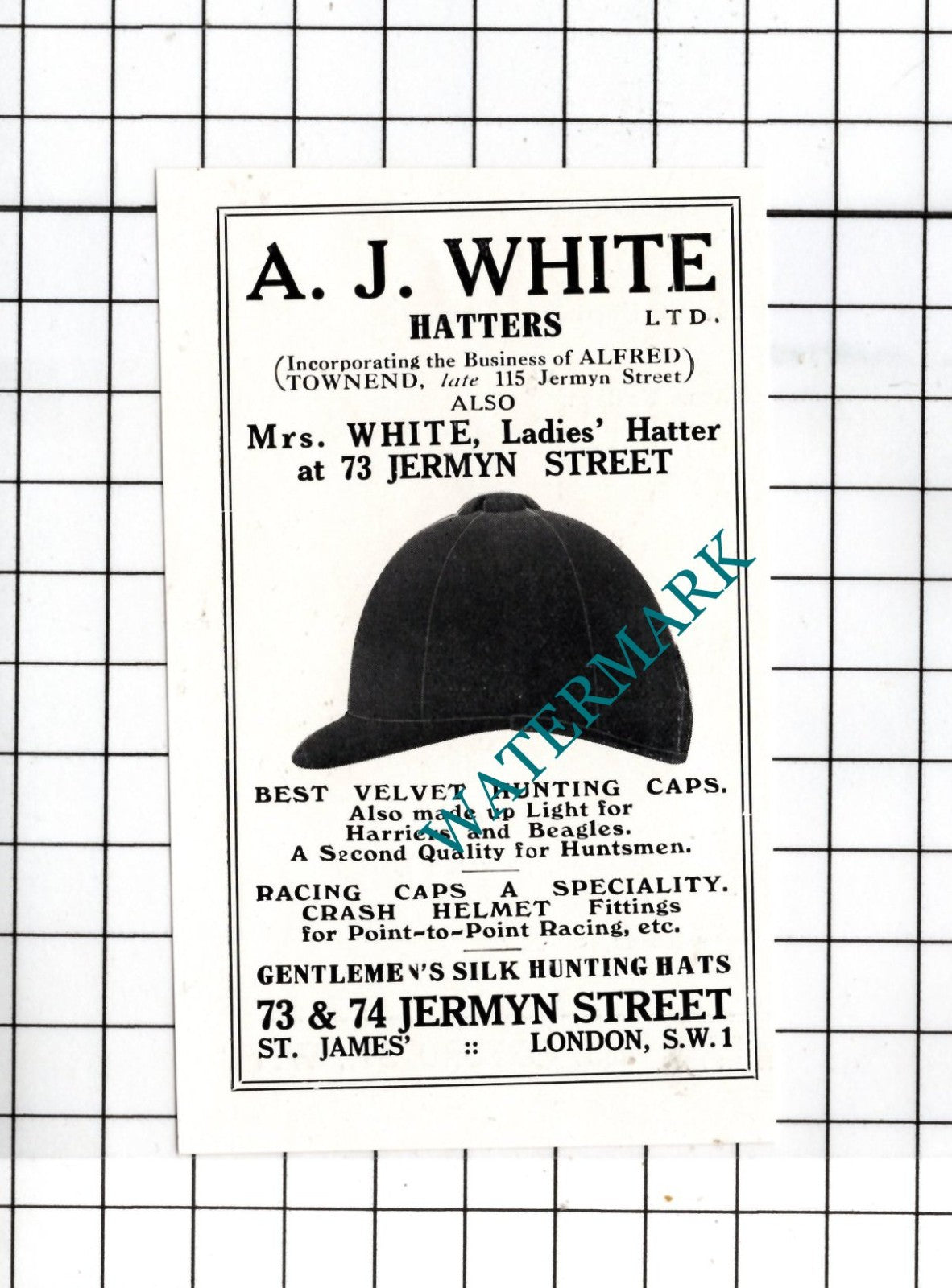 A J White Hatters Ltd 73 Jermyn Street London -  1932 SMALL ADVERT