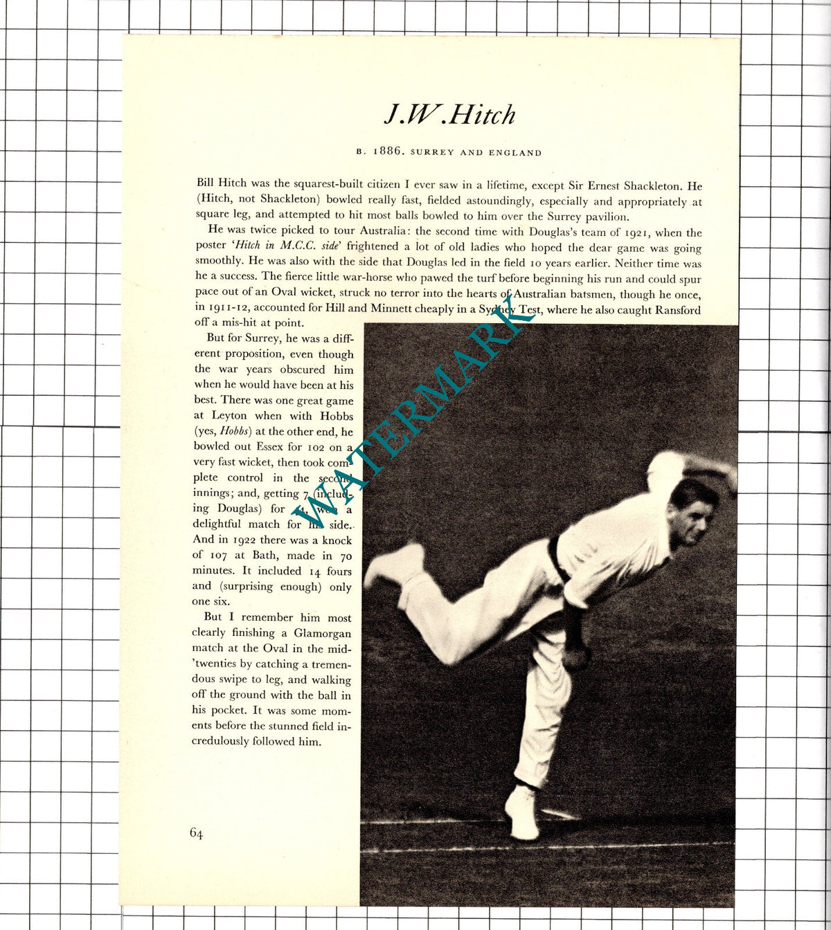 Bill Hitch JW Hitch  Cricketer / W Bardsley Cricket - 1952 Book Print