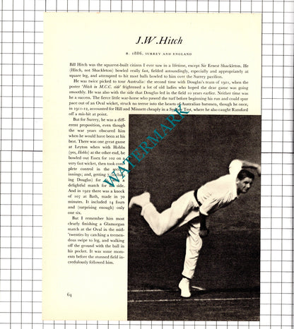 Bill Hitch JW Hitch  Cricketer / W Bardsley Cricket - 1952 Book Print