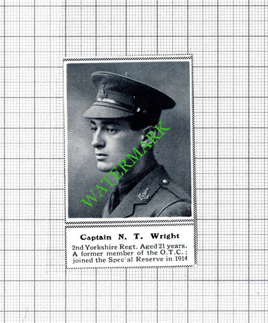 Captain N T Wright 2nd Yorkshire Reg WW1 - c.1918 SMALL Cutting