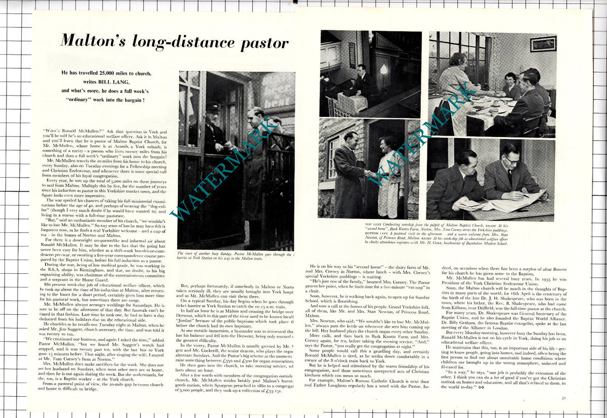 Ronald McMullen Acomb York Malton Baptist Church Yorkshire - 1957 Article
