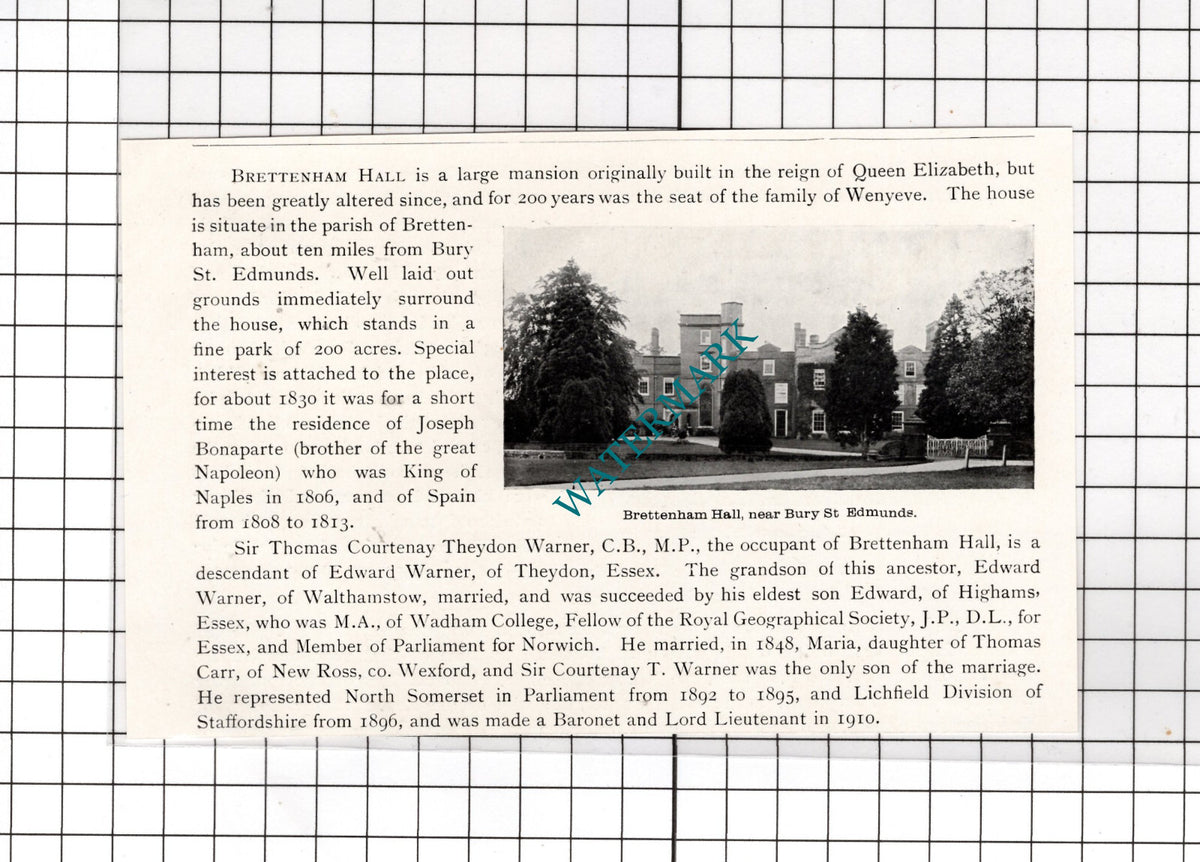 Brettenham Hall Suffolk Sir Thomas Courtenay Theydon Warner  - 1911 Cutting