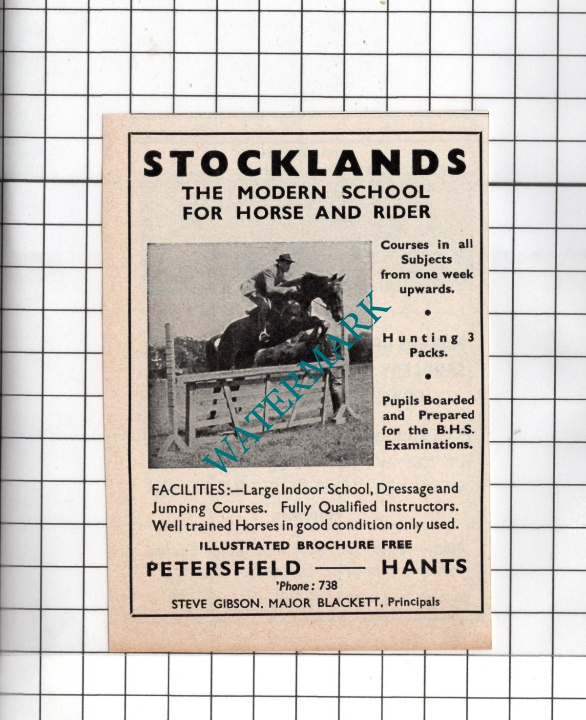 Stocklands Riding School Petersfield Hampshire -  1951 SMALL Advert