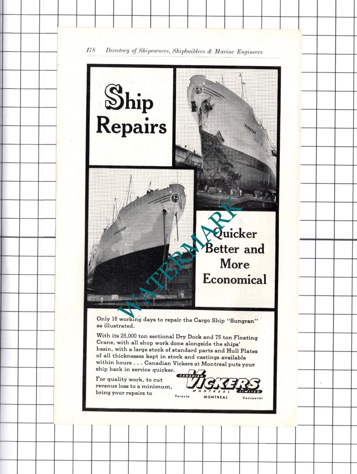 Canadian Vickers Ltd Ship Repairs Cargo Ship SUNGRAN ADVERT   - c.1957