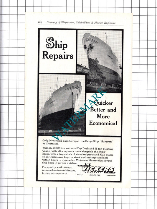 Canadian Vickers Ltd Ship Repairs Cargo Ship SUNGRAN ADVERT   - c.1957