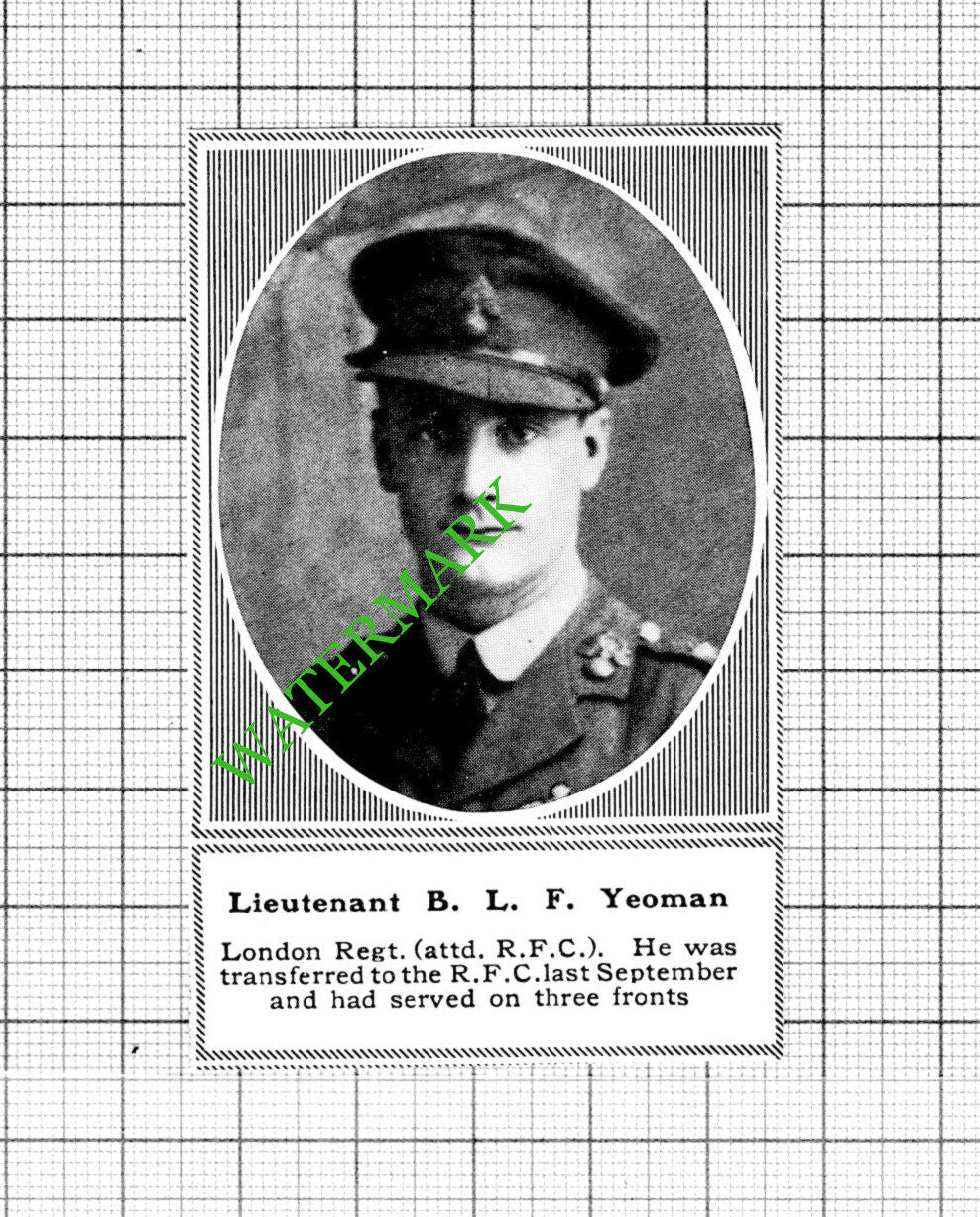 Lt B L F Yeoman London Regiment Great War WW1 - 1918 Small Cutting